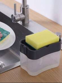 1 Pieza Dispensador de jabón portátil con set de esponja, caja de detergente de cocina con presión, dispensador automático de líquido para lavavajillas, jabón, dispensador creativo con bloque de presión y estante para esponja, adecuado para cocina y baño