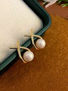 1 Pair Fashionable Elegant Crossed Rhinestone & Pearl Earrings