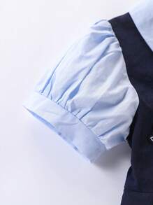 1 件装年轻女孩学院风刺绣蝴蝶结装饰二合一泡泡袖夏季连衣裙 - 藍色 - 查看 5