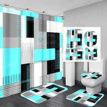 1pc/4pcs Geometric Art Color-Blocking Bathroom Decoration Waterproof Shower Curtain, With 12 Hooks, Bath Mat, U-Shaped Floor Mat, And Toilet Lid Cover, Bathroom Set For Full Scenario