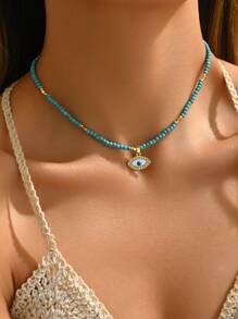 1pc Retro Latin Style Rhinestone Zinc Alloy Evil Eye Beaded Necklace, Suitable For Women Daily & Holiday Wear - Blue - View 3