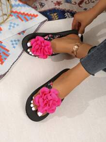 Sandalias de cuña con suela gruesa y diseño floral para mujer, chanclas antideslizantes para la playa en verano