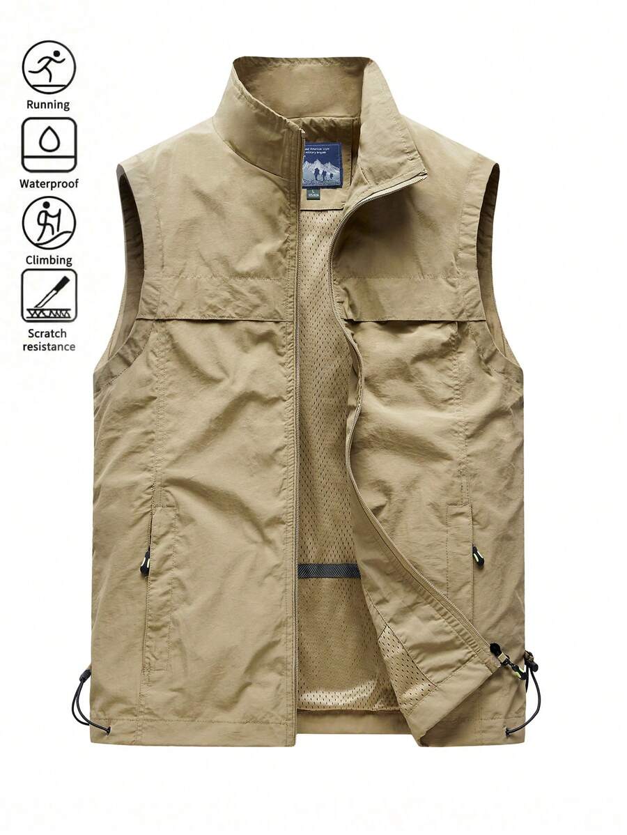 Colete de treino de verão masculino, jaqueta sem mangas com gola alta, casaco, agasalho leve, à prova de vento e isolante para outono e inverno, à prova d'água, material de nylon macio, fecho de zíper, ajuste confortável, perfeito para sobreposição, ideal para atividades ao ar livre ou uso diário