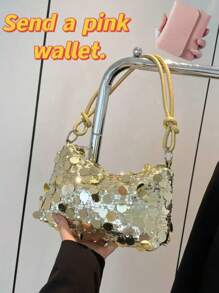 1pc Gold Color Crescent Moon Shape Glitter PVC Shoulder Bag For Women, New Send A Pink Wallet. - Silver - View 1
