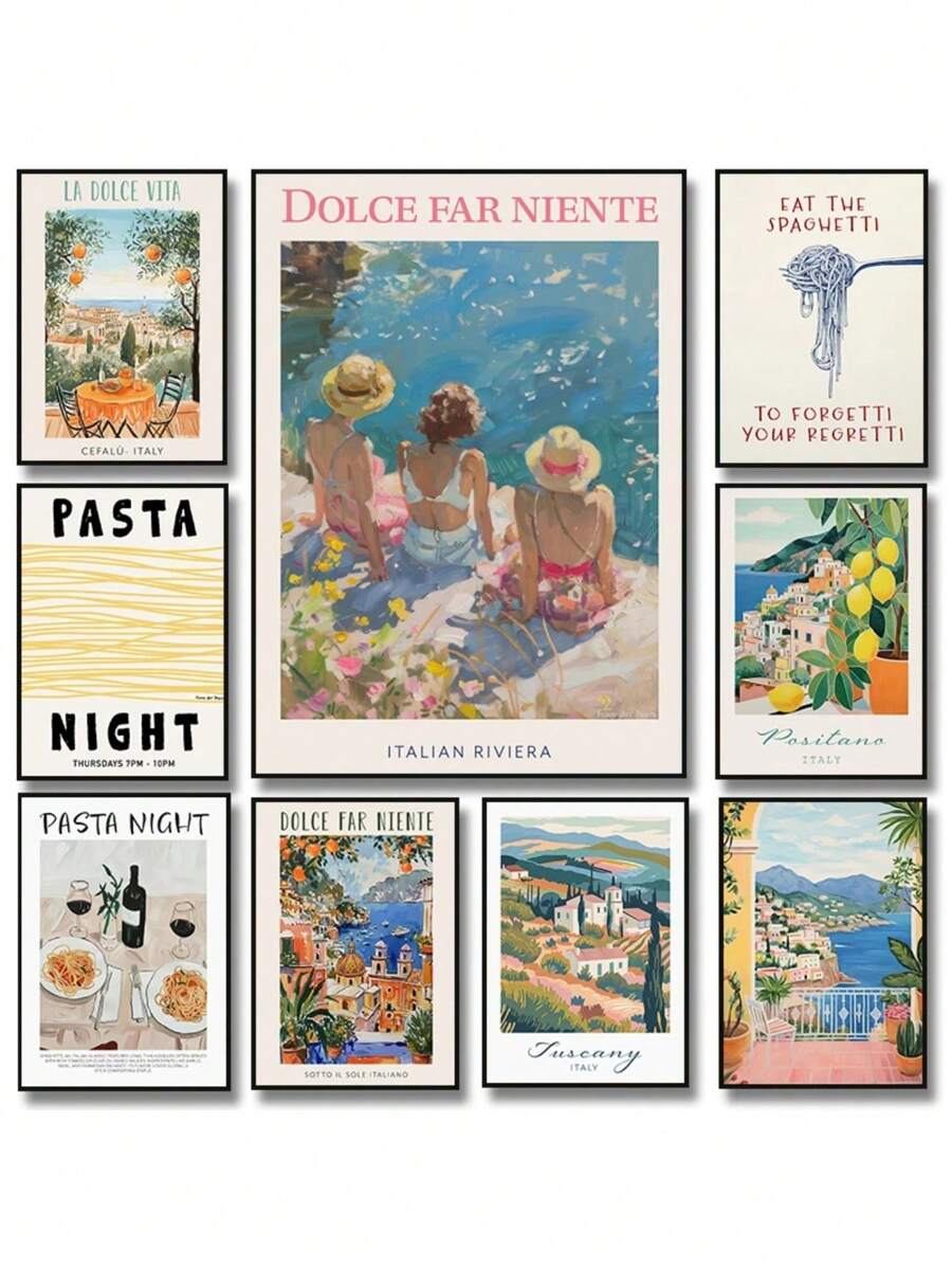 1 Stück Vintage Italien Reise Essen Spaghetti Kaffee Mittelmeerküste Landschaft Poster Leinwand Gemälde Wandbild Heimdekoration ohne Rahmen