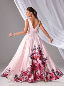 Women's Floral Print Long Elegant Sleeveless Dress, Bridesmaid Dress - Pink - View 2