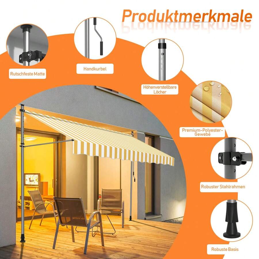 Joparri Clamp Awning With Hand Crank Balcony, UV-Resistant, No Drilling, 100% Polyester, Height Adjustable, Sun Protection, Patio Roof, Easy Assembly Gray/Beige/Blue White/Yellow Blue/Orange And White/White Gray - Orange und Weiß - 查看 1