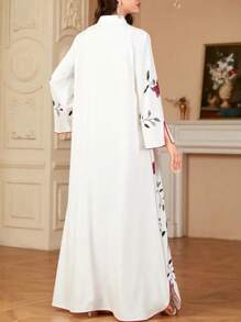 女士花卉印花长袖简约休闲长款阿拉伯长袍，朴素 - 彩色 - 查看 4