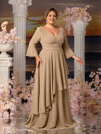 Faeriesty Mosy 优雅大码新娘妈妈礼服，深 V 领，3/4 喇叭袖，不对称雪纺下摆