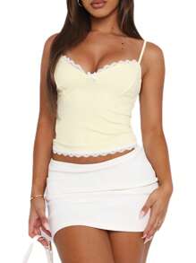 Women Spaghetti Strap Camisoles Summer Crop Tops Lace Trim V-Neck Sleeveless Backless Tank Tops Summer Vests Beachwear - 黃色 - 查看 2