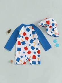 0-5 Years Toddler Boy Rash Guard Swimsuit 4th Of July Star/Plaid Print Long Sleeve Mock Neck Zip Bathing Suit With Hat - White - View 2