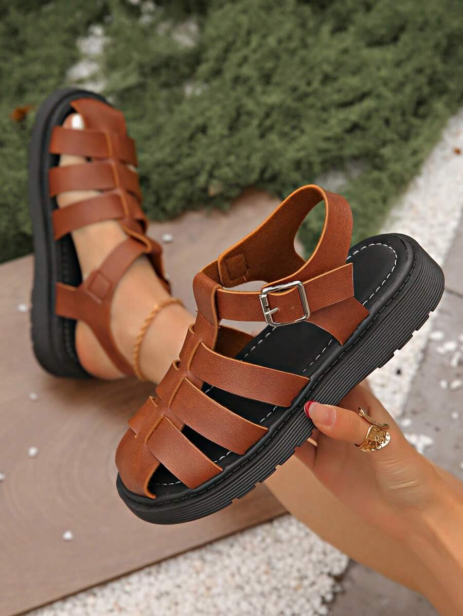 Women's Comfortable Sexy Ankle-Wrap Flat Sandals, Brown Ladies Gladiator Holiday Sandals - Brown - View 1