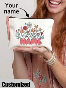 [Custom Made] Polyester Flower Design Cosmetic Bag For Women - Waterproof, Large Capacity,Personalized Name,Unscented, Portable Zip Makeup Pouch, Travel Essential, Gift For Flower Lovers - Exclusive Gift - Multicolor - View 2