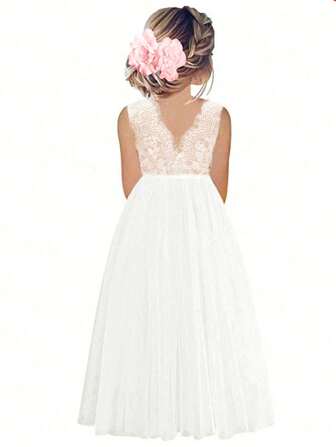Tween Girl White Lace Contrast Mesh Sleeveless A-Line Dress, Flowergirl Wedding Party Evening Gown