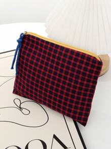 1 PC Set Of Red Checkered Pattern Makeup Bag, Checkered Decoration, Handheld Travel Makeup Bag, Simple Large Capacity Makeup Bag, Suitable For Wallets, Lipsticks, Sanitary Napkins, Mats, Coins, And School Dormitories. Suitable For Women, Girls, Students, And Holiday Gifts. Holiday Essentials Travel Essentials Travel Bag Travel Accessories - Red - View 7