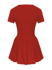 Women's Casual Daily Simple Versatile Square Neck Short Sleeve Pleated Basic Slim Fit Mini Dress For All Four Seasons (Spring, Summer, Autumn And Winter) - Red - View 5