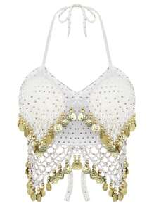 女士亮片串珠流苏露背短款上衣，短款透明亮片雪纺衬衫，波西米亚风节日肚皮舞服装（不可拆卸胸垫） - 彩色 - 查看 15