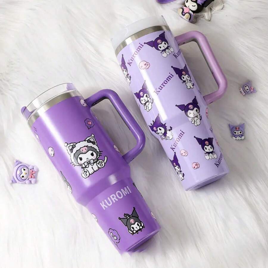 Sanrio [Tasse Sanrio Kuromi] 1 pièce tasse isotherme en acier inoxydable Sanrio Kuromi avec couvercle et paille, tasse à café réutilisable ronde de 40 oz pour boissons d'été et d'hiver, accessoires de voyage et cadeaux pour la rentrée scolaire