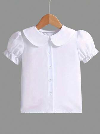 Young Girl College Style White Button-Down Shirt With Puff Sleeves, Spring/Summer