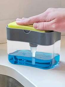 1 Pieza Dispensador de jabón portátil con set de esponja, caja de detergente de cocina con presión, dispensador automático de líquido para lavavajillas, jabón, dispensador creativo con bloque de presión y estante para esponja, adecuado para cocina y baño