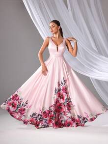 Women's Floral Print Long Elegant Sleeveless Dress, Bridesmaid Dress - Pink - View 3