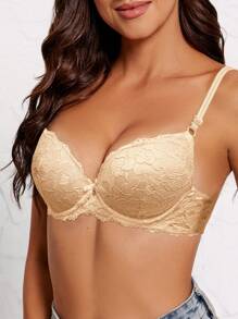 Women's Sexy Lace Push-Up Lingerie Bra, Cleavage & Side Support, Adjustable Straps, Minimizes Sagging, Nude Color Bridal Lingerie Bra