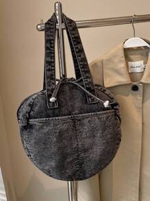 Women's Round Tote Bag, Versatile Casual Shoulder Handbag Large Capacity Denim Purse
