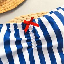 Summer Women Blue-White Stripe Patchwork Red Bow Accent One-Piece Swimsuit With Detachable Strap - Blue and White Color Matching - View 4