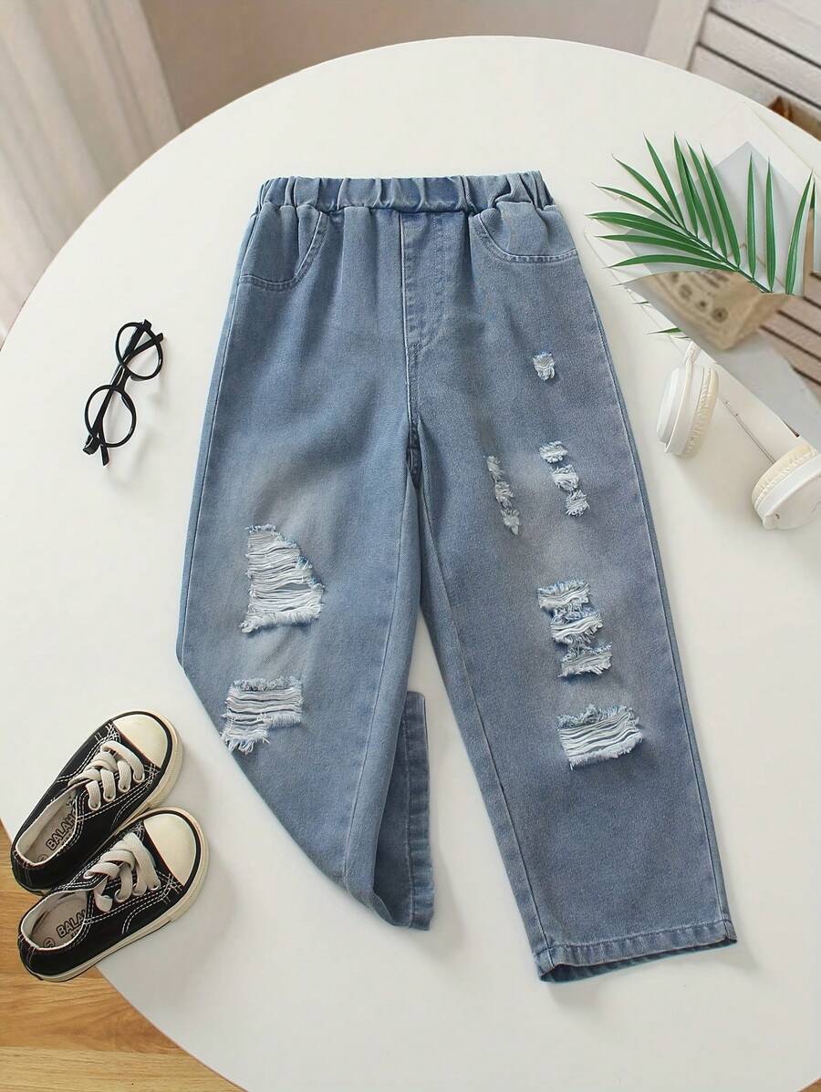 1pc Young Boy Casual Distressed Wide Leg Jeans, Street Style For Spring & Summer, Ages 2-5 - Blue - View 1