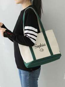 1/2Pcs Custom Boat Tote Bag, Customized Embroidered Name Bridesmaid Tote Bags, Customizable Women Tote Bag, 34x29cm, Green/Black/Pink/Khaki, Personalized Birthday Gift, Canvas Tote Bag, Custom Text Tote, Bachelorette Gift Shopping Bag, Wholesale Tote Bag, For Her Girlfriend, Family, Friends, Women, Rookies & White-Collar Workers For Anniversaries, For Birthdays, For Holiday/Vacation, For School, For Business/Commute/Work/Office - Multicolor - View 7