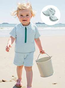 Boys' 3-Piece Rash Guard Swim Set  UPF 50+ Quick-Dry Swim Top + Trunks + Cap  Striped Beachwear 0-4 Years - Green - View 7