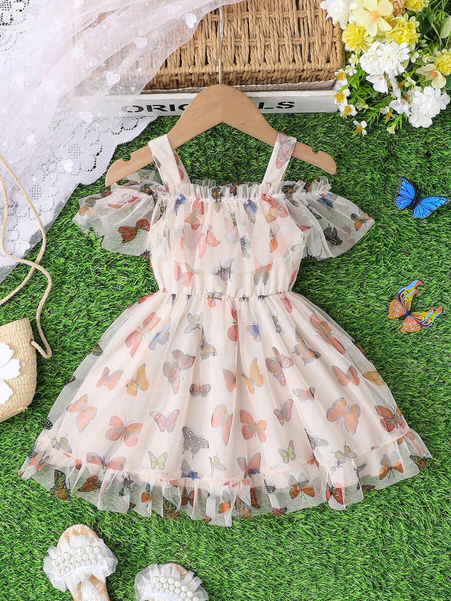 Summer Baby Girls Lovely Color Butterfly Print Mesh Hem Sleeveless Double Layer Mesh Dress, Fashion Cute Outdoor - Multicolor - View 1