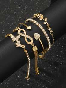 5pcs Set Of Fashionable, Simple, Exquisite, Elegant Butterfly, Heart, Flower, Tulip, Water Drop Rhinestone Studded, Sparkling Infinity Symbol Charm Bracelets, Suitable For Festivals, Parties, Dates, Gifts