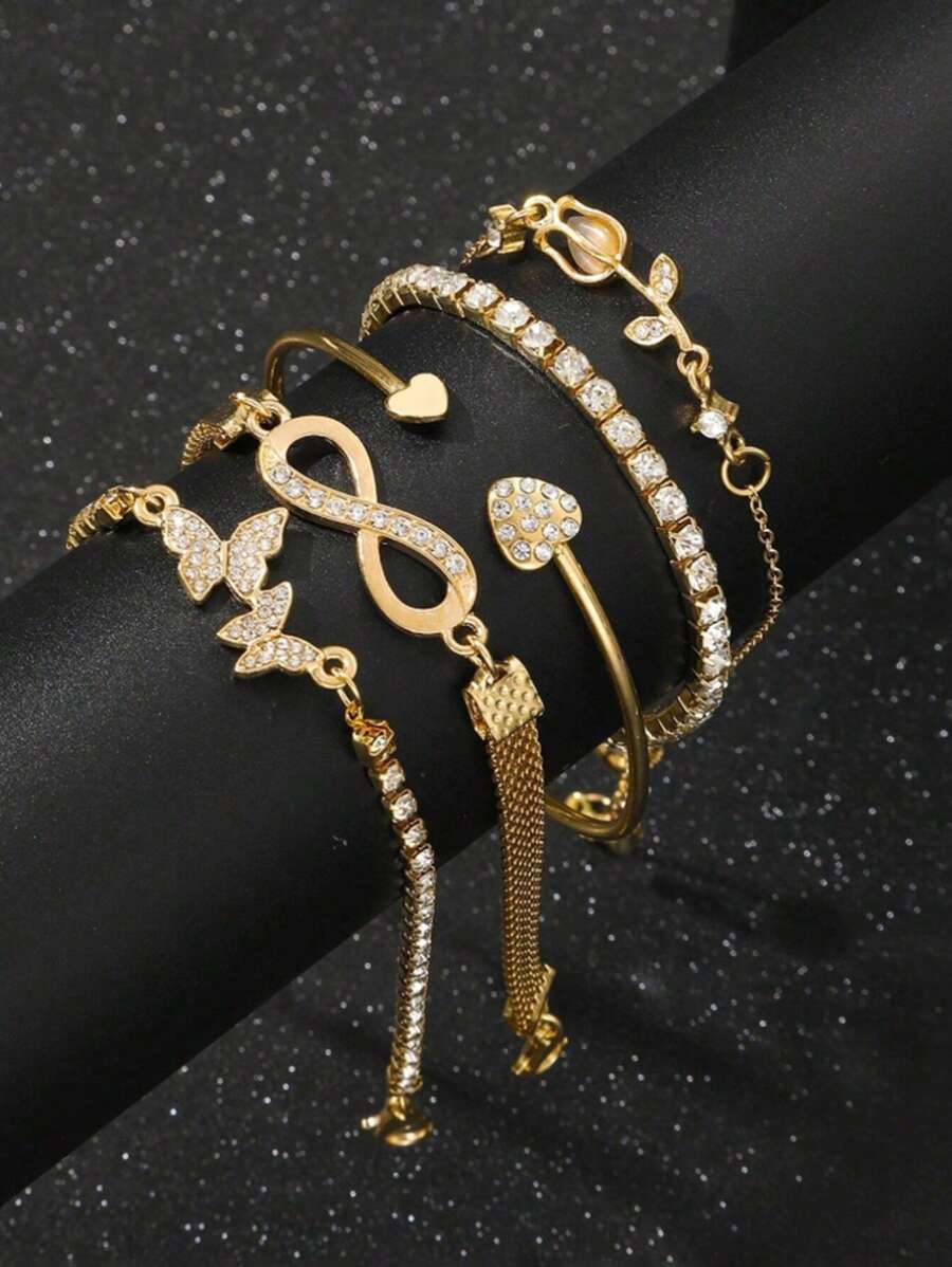 5pcs Set Of Fashionable, Simple, Exquisite, Elegant Butterfly, Heart, Flower, Tulip, Water Drop Rhinestone Studded, Sparkling Infinity Symbol Charm Bracelets, Suitable For Festivals, Parties, Dates, Gifts