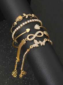 5pcs Set Of Fashionable, Simple, Exquisite, Elegant Butterfly, Heart, Flower, Tulip, Water Drop Rhinestone Studded, Sparkling Infinity Symbol Charm Bracelets, Suitable For Festivals, Parties, Dates, Gifts