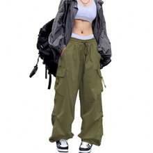 Women Parachute Drawstring Pockets Cargo Pantalones Casual Loose Fit Baggy Pants  Y2k Clothing - 軍綠色 - 查看 2