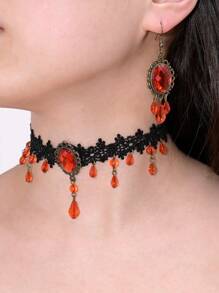 1 套深色哥特式水钻流苏耳环和项链，复古波西米亚蕾丝链吊坠耳环，适合女性日常佩戴派对礼物 - 首飾套裝 - 查看 6