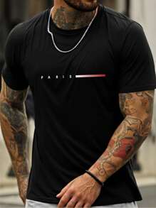户外运动活力单线巴黎图案男士休闲短袖T恤，适合登山、钓鱼和日常穿着，春夏
