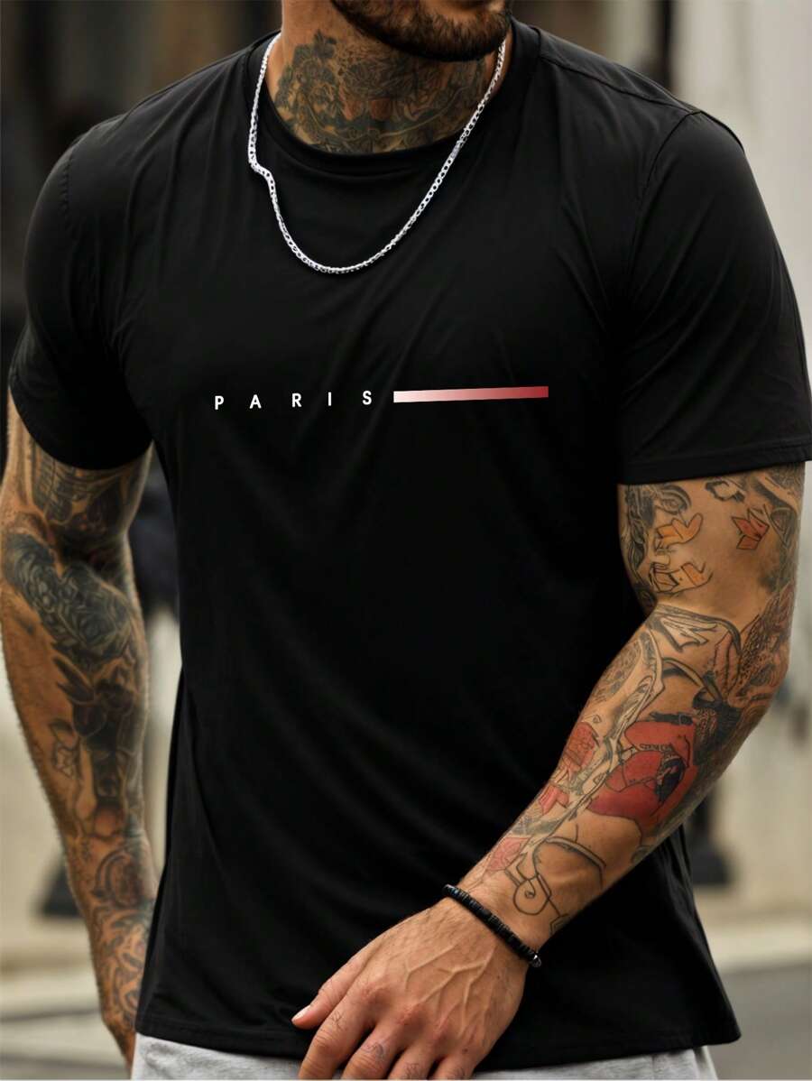 户外运动活力单线巴黎图案男士休闲短袖T恤，适合登山、钓鱼和日常穿着，春夏