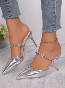 Strap High Heel Dress Shoes, Fashion Pointed Toe Comfortable Versatile - Silver - View 1