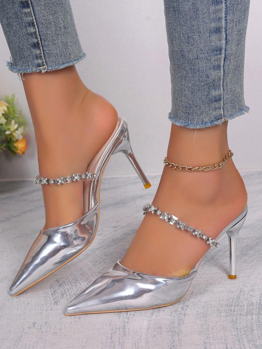Strap High Heel Dress Shoes, Fashion Pointed Toe Comfortable Versatile - Silver - View 1