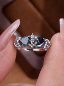 Unique Luxury 925 Sterling Silver Colorful Zirconia Heart Shaped Ring, Versatile For Dates, Parties, Vacations, Banquets, Everyday Wear, Anniversaries, Birthdays, Festivals, Gift