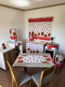 Kitchen Set Kit 10 Printed Pieces Window Curtain Table Runner Sink Curtain Tea Towel Placemat - flores vermelha - 查看 4