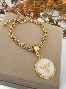 Pulseira semi joia pomba da paz redonda branca corrente elo português grossa verniz italiano
