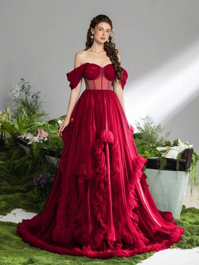  Faeriesty Luxe Elegant Off-Shoulder Evening Gown, Backless Tie-Up Waist Design, Flowing A-Line Silhouette, Layered Ruffle Trim - The Ideal Choice For Red Carpet Galas, Black Tie Weddings, Formal Charity Balls, Opera Nights, And Glamorous Awards Ceremonies.