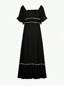 PoPoHouse Women's Dress Summer Vacation Casual Color Contrast Skirt With Ruffled Puffy Sleeves