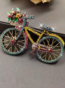 Xiacheng 1pc Elegant Vintage Bicycle Brooch With Sparkling Floral Basket, Hypoallergenic Copper Alloy Pin For Parties & Casual Wear - Bike - View 8