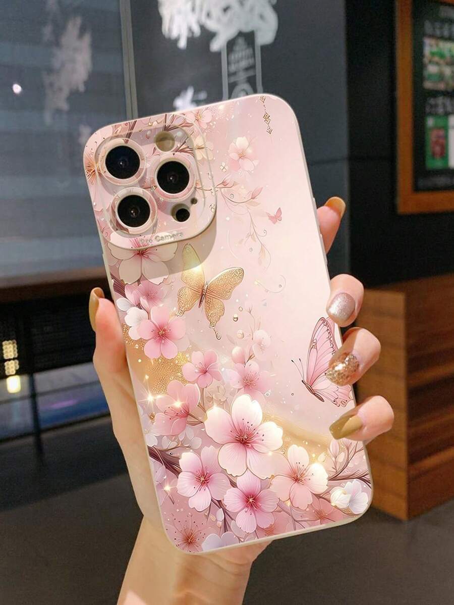 1 pieza Funda de teléfono con diseño floral y de mariposa, compatible con Apple, Galaxy, Infinix, Redmi, OPPO, VIVO, Realme, resistente al agua, a los golpes, a las caídas y a los arañazos, versión internacional, no la versión nacional - Beis - Ver 1