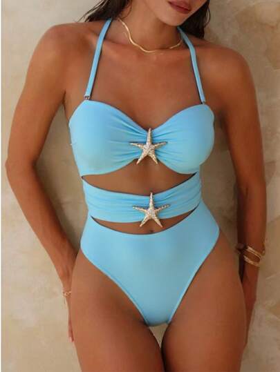 Traje de baño de una pieza para mujer 2025, tela de nailon de unicolor de alta elasticidad y cómoda, con decoración de estrella de mar pequeña y elegante, estilo halter con parte delantera hueca y espalda descubierta
