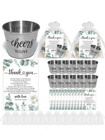 36/18/3 件婚礼派对礼品套装，不锈钢敬酒杯，感谢卡，欧根纱礼品袋，新娘送礼会礼物，生日派对礼物，适合婚礼，新娘送礼会